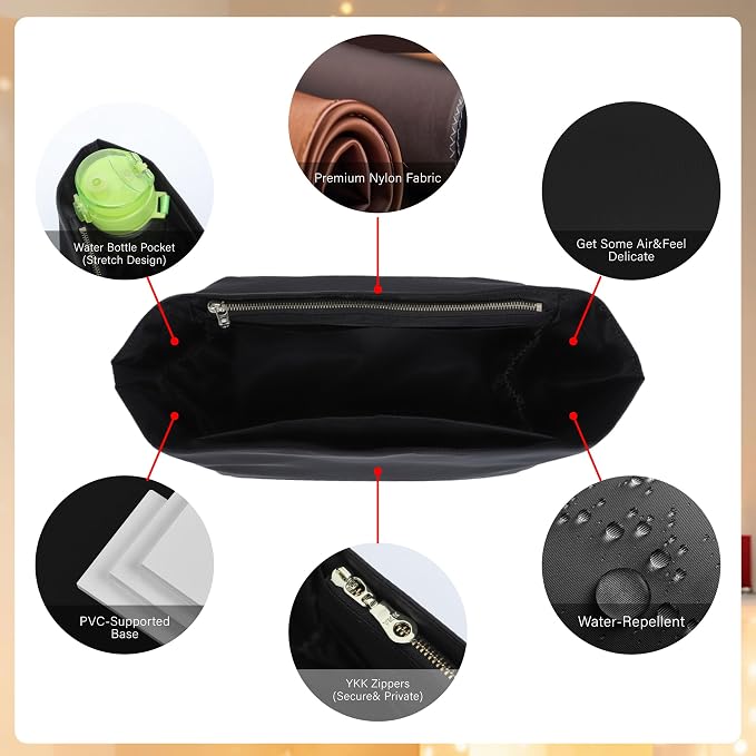 Soft Nylon Purse Organizer Insert for Longchamp Le Pliage M Tote Bag Long Handle, Lightweight Luxury Long Champ Medium Divider Shaper with Cup Holder,Zipper Bag Inner with Deepened Pockets,M/Black - Image 8