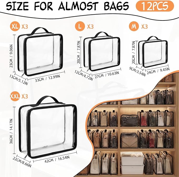 Hsei 12 Pcs Clear Dust Bags For Handbags 4-Sizes Fits Mini Wallets Oversized Tote Bags PVC Waterproof Purse Storage Organizers for Luxury Bag Soft Stand-Up with Zipper Handle for Closet Hanging - Image 2