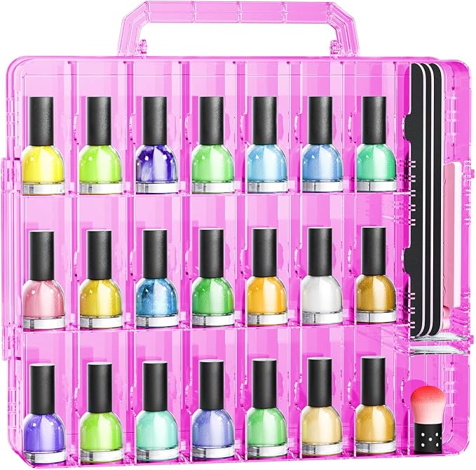 JIASHENG Nail Polish Organizer Case for 48 Bottles Gel Nail Polish Storage | Double Side Adjustable Space Divider for Acrylic Nail Gel Dip Powder Tips Set with Two Toe Separator, Pink by JiashengDirect