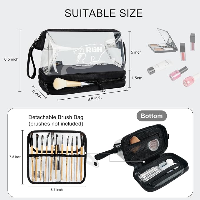 Rough Enough Clear Cosmetic Bag for Women and Men, Leakproof Travel Makeup Organizer, with Detachable Brush Pouch, Large Opening, 6.5”x5”x8.5” - Image 4