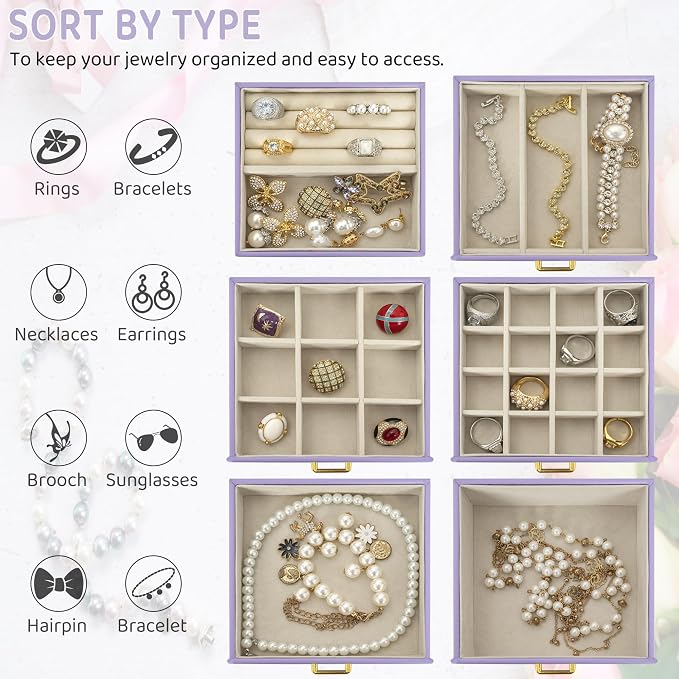 AKOZLIN 6-Tier Jewelry Box Organizer Functional 5 Drawers Leather Jewelry Storage Case for Women Girls Ring Necklace Earring Bracelet Holder Organizer with Mirror Purple Regular - Image 4