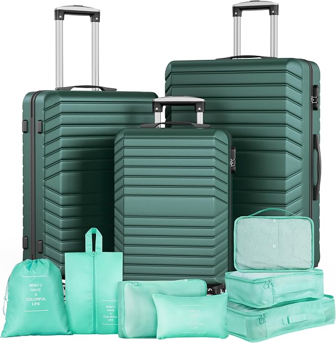 10 Piece Luggage Sets, 3 Piece Suitcase Set, 20 inch Carry on Luggage, 24 inch and 28 inch Checked Luggage with 7PC Packing Bags by Suitour