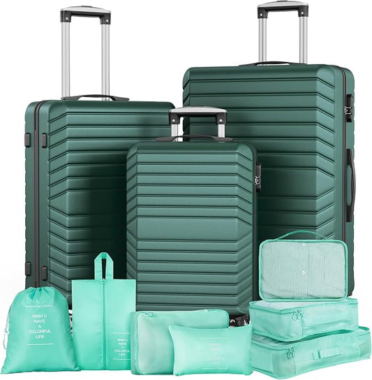 10 Piece Luggage Sets, 3 Piece Suitcase Set, 20 inch Carry on Luggage, 24 inch and 28 inch Checked Luggage with 7PC Packing Bags by Suitour