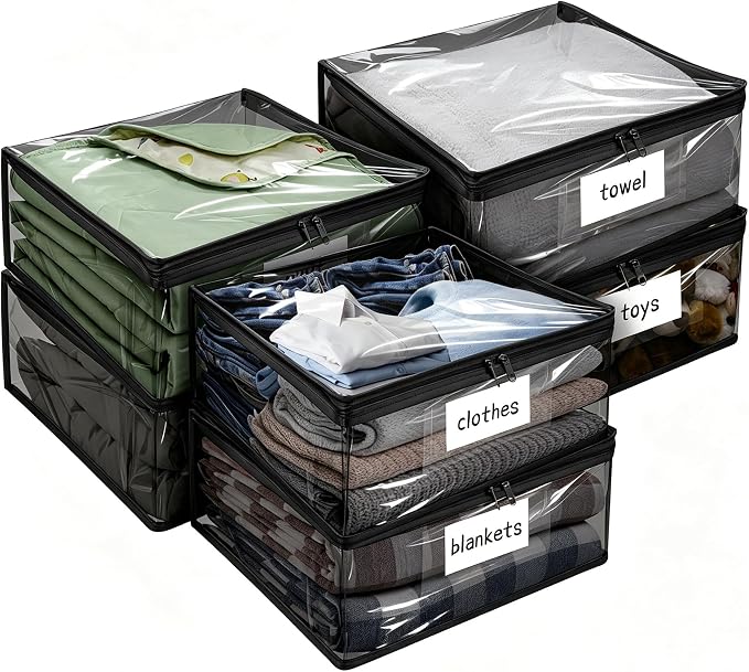 Plastic Storage Bags with Easy-Glide Zipper, Pack of 6, Durable Clear Vinyl Zippered Storage Bags for Clothes Sweaters Comforters Blankets Sheets Bedding (12 x 12 x 3.9 Inch, Black) by Kikerike