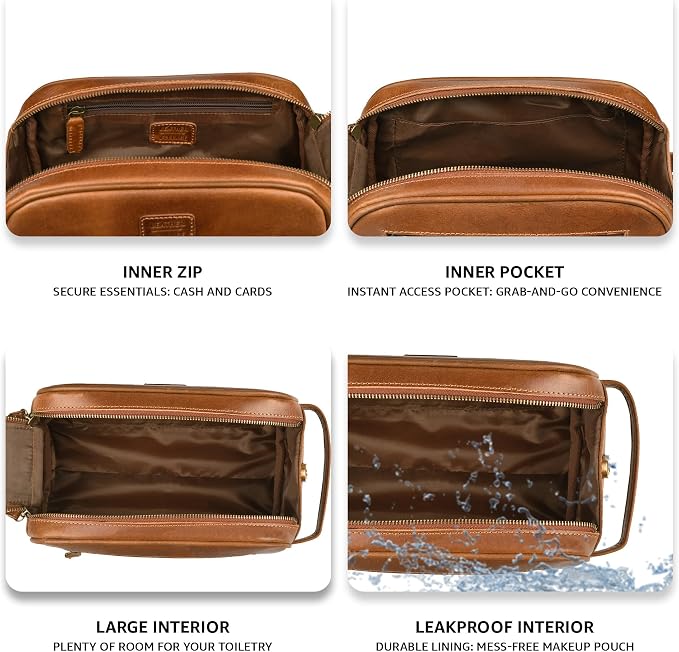 LEATHER VILLAGE Genuine Leather Toiletry Travel Bag With Waterproof Lining - Sun Tan | King-Size Handcrafted Vintage Dopp Kit Bag, Shaving & Bathroom Organizer, Gift for Men & Women - Image 4