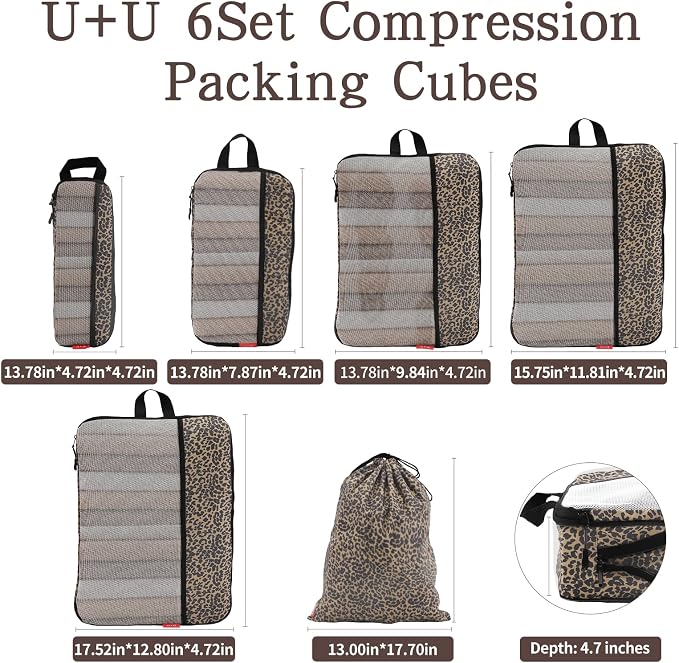 U+U 6 Set Compression Packing Cubes - Ultralight Travel Organizers with Laundry Bag, Space-Saving Suitcase Organizer, Expandable Packing Cubes for Travel, Business Trip and Family Vacation (Leopard) - Image 5