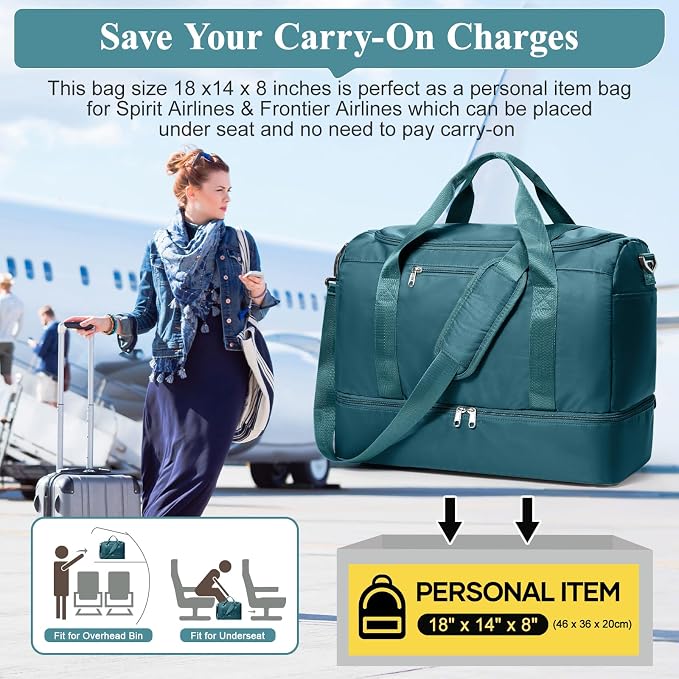 Travel Duffel Bag,Carry-On Overnight Weekender Bags with Shoes Compartment | Travel Bag with Wet Pocket & Luggage Sleeve, For Spirit Airlines 18x14x8 Personal Item Bag,Small,Peacock Blue - Image 9