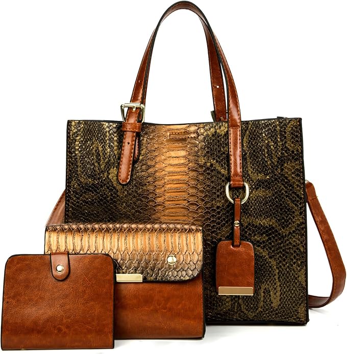 KingTo Women's Crocodile Pattern Satchel Handbags Stylish Tote Handbags crocodile purses for women 3 Pcs Set (B-blue) by KingTo