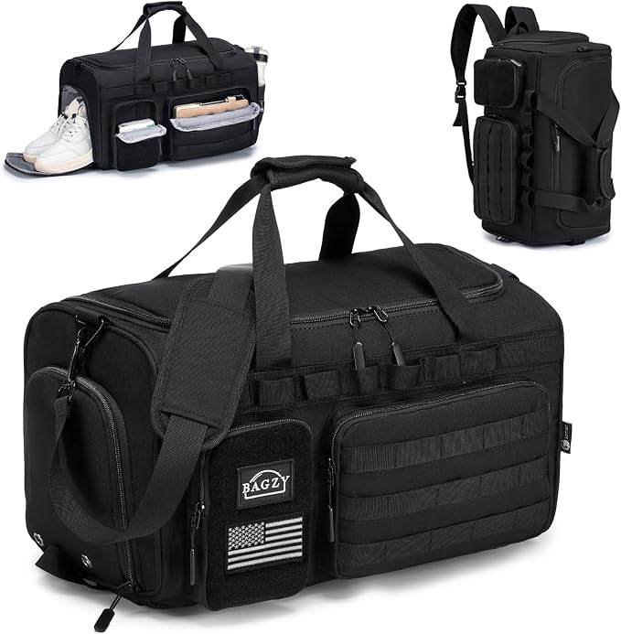 Tactical Gym Bag for Men 40L Sports Duffel Bags 3 in 1 Travel Duffel Bag with Shoe Compartment Waterproof Workout Backpack Carry On Bag for Overnight Weekender Travel Black by BAGZY
