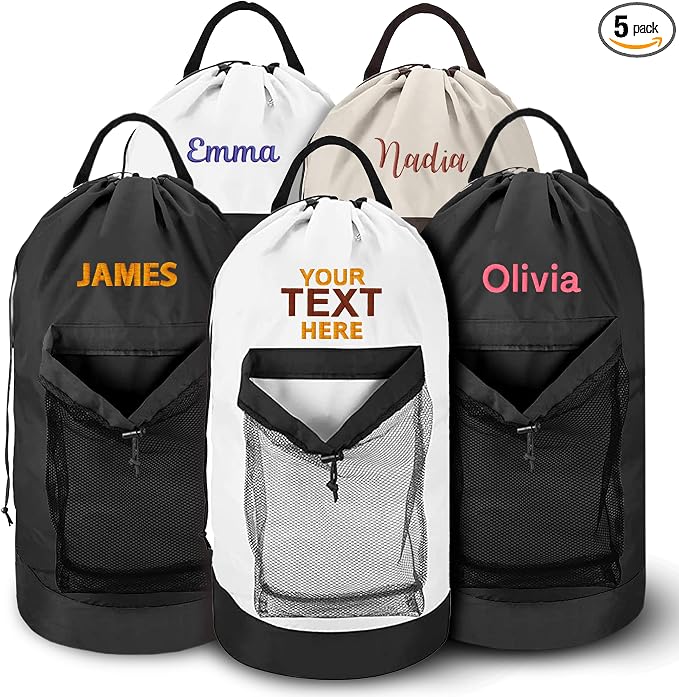 5 Pack Personalized Laundry Bag Heavy Duty Custom Graduation University XL Bag Backpack with Hanging Shoulder Strap & Mesh Pocket - Back to School College Graduation Gift - Choose Font & Thread Color by CustomEmpire