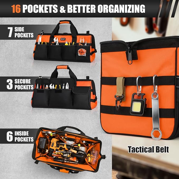 UUP Tool Bag ExtraLarge 20", Heavy Duty Spacious Tool Box Organizer, Orange | 16 Pockets & MOLLE. Detachable Strap & Handle. Non-slip Base, Metal Buckle. 30lb Holds Tools on Truck, Garage, Men Gift. - Image 3