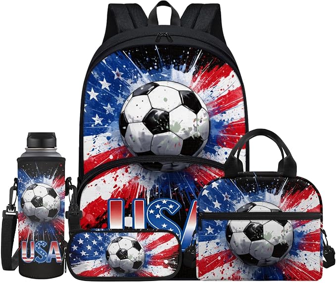 Soccer USA Flag Backpack for Boys 4PCS Travel Backpack with Lunch Box and Pencil Case Water Bottle Sleeve for Kids Children Teens Elementary Middle School 17 Inch Ball Bookbag Daypack by Jndtueit
