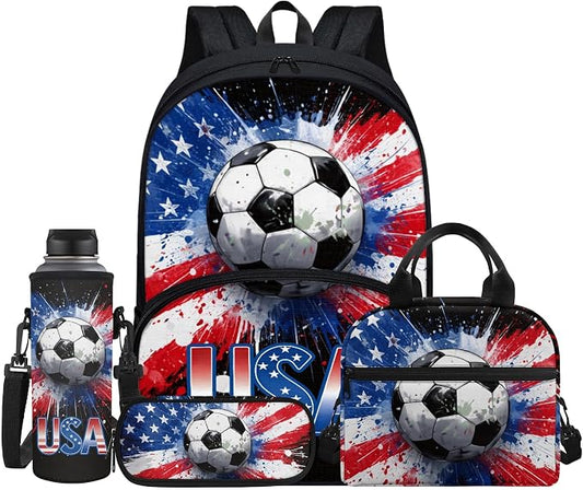 Soccer USA Flag Backpack for Boys 4PCS Travel Backpack with Lunch Box and Pencil Case Water Bottle Sleeve for Kids Children Teens Elementary Middle School 17 Inch Ball Bookbag Daypack by Jndtueit