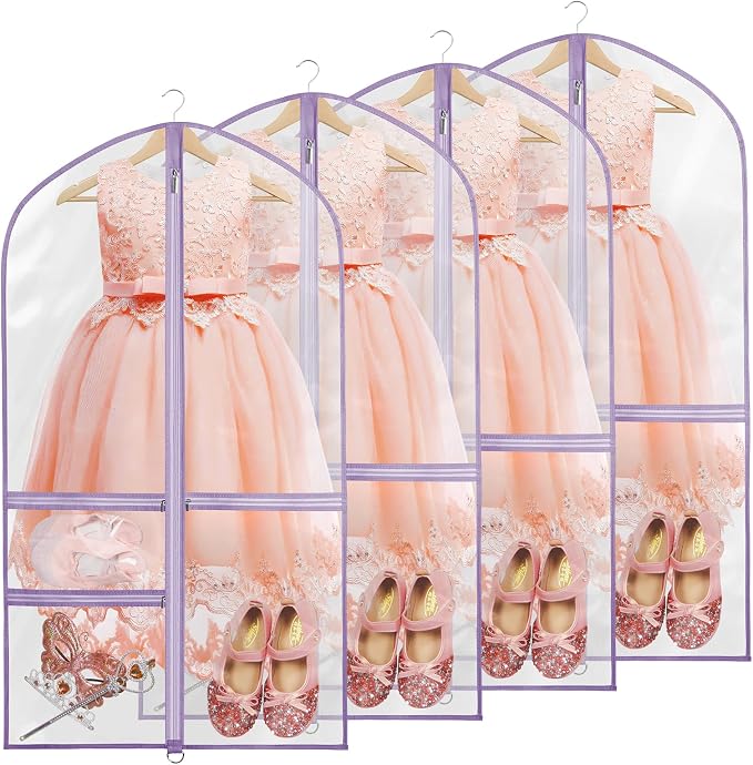 Zilink Clear Garment Bag for Dance Costumes 40” Clear PVC Dance Competition Bags Kids Garment Bag with 3 Clear Zipper Pockets for Competition and storage，Set of 4 (Clear/Purple) by Zilink