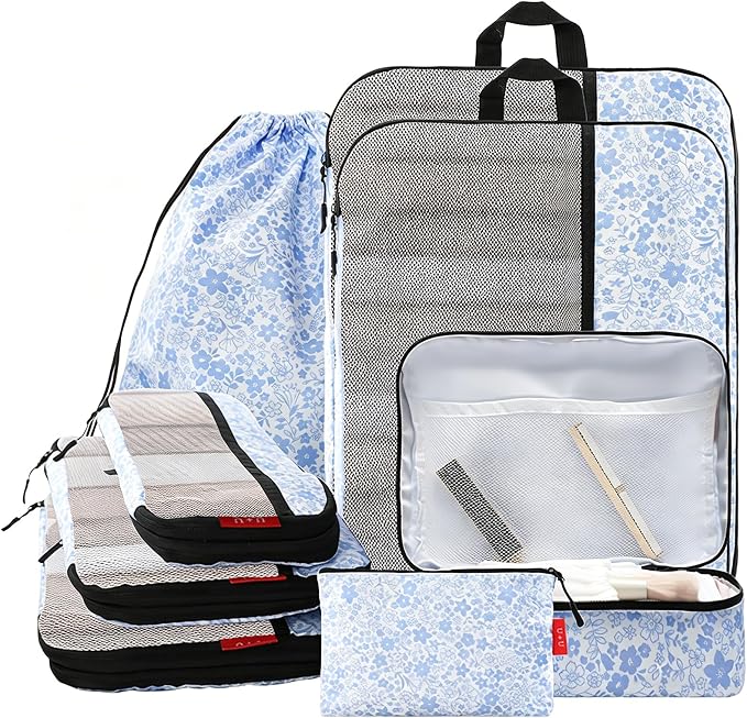 U+U 8 Set Compression Packing Cubes - Ultralight Travel Organizers with Laundry Bag and Cosmetic Bag, Space-Saving Suitcase Organizer for Travel, Business Trip and Family Vacation (Blue Flower) by UU