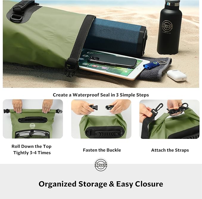 STOVER 5/10/25/30/40L Waterproof Dry Backpack & Phone Case- Large Floating Dry Bag for Kayaking, Travel, Hiking, Fishing, Camping, Motorcycles & Beach, Heavy-Duty Roll Top Men/Women (Green) - Image 5