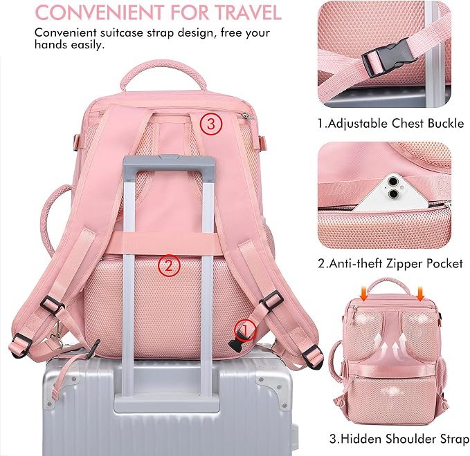 Beraliy Travel Backpack for Women, Airline Approved Bag, Carry On Waterproof Hiking Backpack, 16 inch Laptop Backpack, Overnight Bag, Pink - Image 5