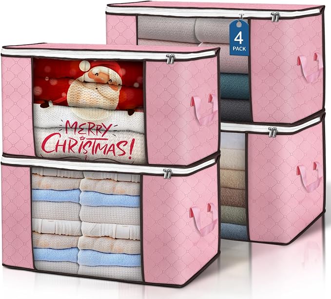 90L Large Storage Bags, 4 Pack Clothes Storage Bins Closet Organizers | Foldable Storage Containers, with Reinforced Handle, for Clothing, Blanket, Comforters, Bed Sheets, Pillows and Toys,Pink by BuddingJoy-BuildaJoyfulLifeforYou
