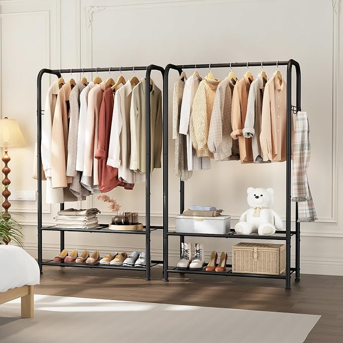 SINGAYE Wardrobe Standing Closet Clothing Rack With Shelf Hanging Clothes | Wardrobe Open Compact Small Metal Garment Hanger Stand Alone Free Standing Black Closet Rack Storage Organizer Heavy Duty - Image 8