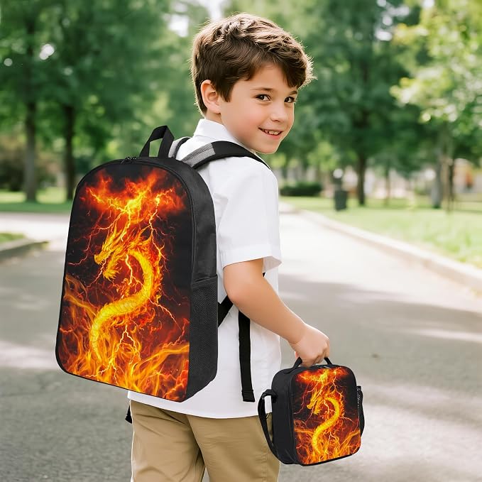 Dragon Kid Backpack Set with Lunch Bag & Pencil Case Large Capacity School Bag 17 Inch Bookbag for Boy Girl - Image 2