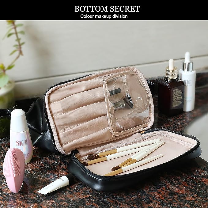Abiudeng Large Capacity Makeup Bag Ladies Cosmetic Bag Travel Bag with Compartments Portable PU Leather Travel Makeup Bag with Handle - Image 5