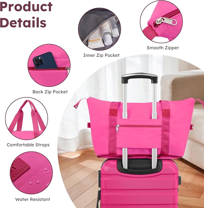Suitour Luggage Sets 6 Piece, 20-inch Carry-on and 24 inch 28 inch Checked Suitcase Set with Cosmetic Case and Expandable Travel Duffle Bags Set(Rose Red) - Image 5