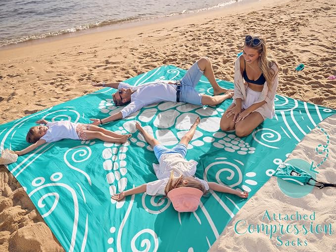 WEKAPO Beach Blanket Waterproof Sandproof Oversized Extra Large Sand Free Beach Mat with Stakes, Storage Bag - Essentials for Outdoor Beach, Picnic (Gradient Teal Sea Turtle, 8 X 7 FT (1~4 Person)) - Image 2