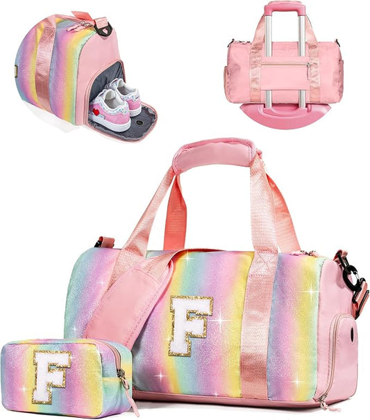 Dorm Room Essentials for Girls-Girl Gym Bag with Shoe Compartment, Kid Personalized Weekender Overnight Bags, Initial Travel Tote with Makeup Pouch, Preppy Stuff Gifts for Kids (Letter F) by Vogewood