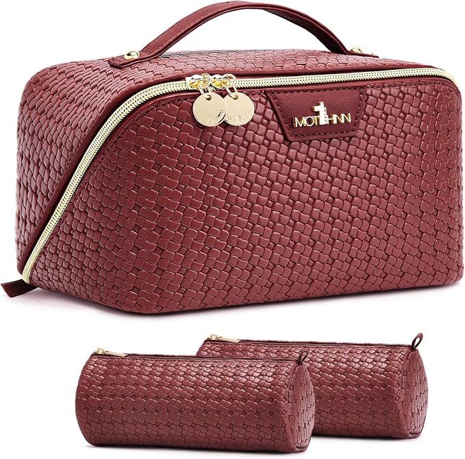 Travel Makeup Bag for Women: Designer 3 Pcs Set Cosmetic Bags for Women - Large Capacity Vagen Leather Hand-made for Toiletry Organizer - Ladies Travel Flat Open Essentials for Luxury (09Red) by Unknown