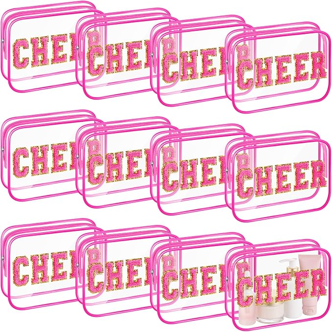 Kacctyen 12 Pack Cheer Clear Makeup Bags Bulk with Chenille Cheer Letter Patch Small Waterproof Cosmetic Pouch Zipper Travel Toiletry Bag Organizer for Women Girls Cheerleading Team Gift, Hot Pink by Kacctyen