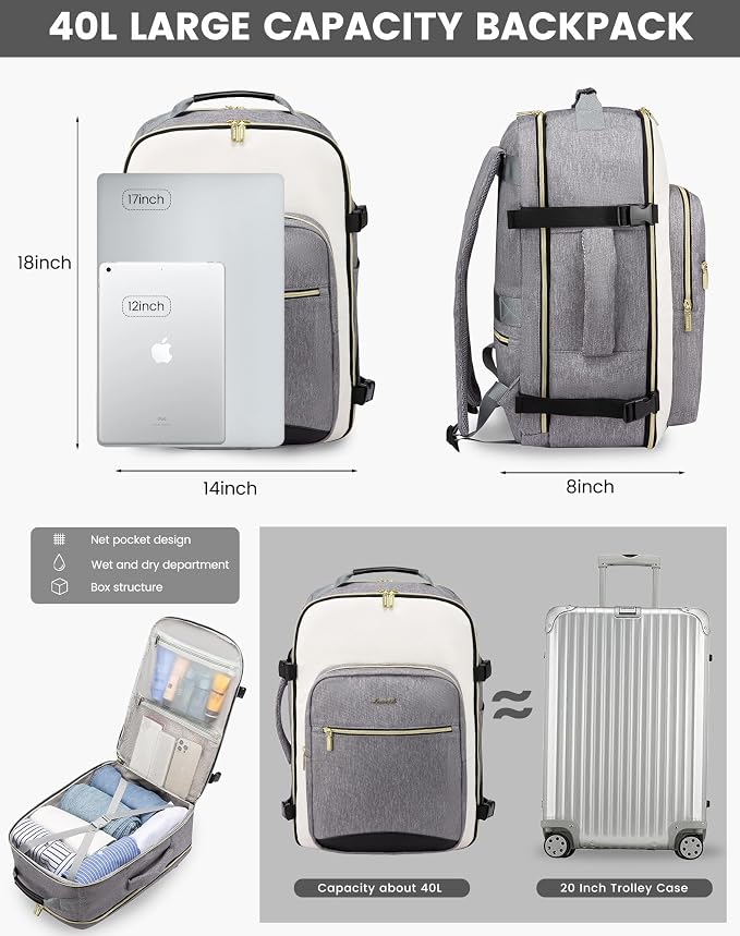 LOVEVOOK Large Travel Backpack for Women & Men, Carry on Backpack Airline Approved, TSA Personal Item Travel Bag fits 17" Laptop, 40L Waterproof Travel Essentials Sports Backpack with 3 Packing Cubes - Image 3
