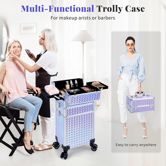 3 in 1 Rolling Makeup Train Case Cosmetology Case on Wheels, Silver | Large Cosmetic Trolley Organizer with Keys Salon Barber Case Traveling Cart Trunk for Artist Hairstylists Nail Tech - Image 5
