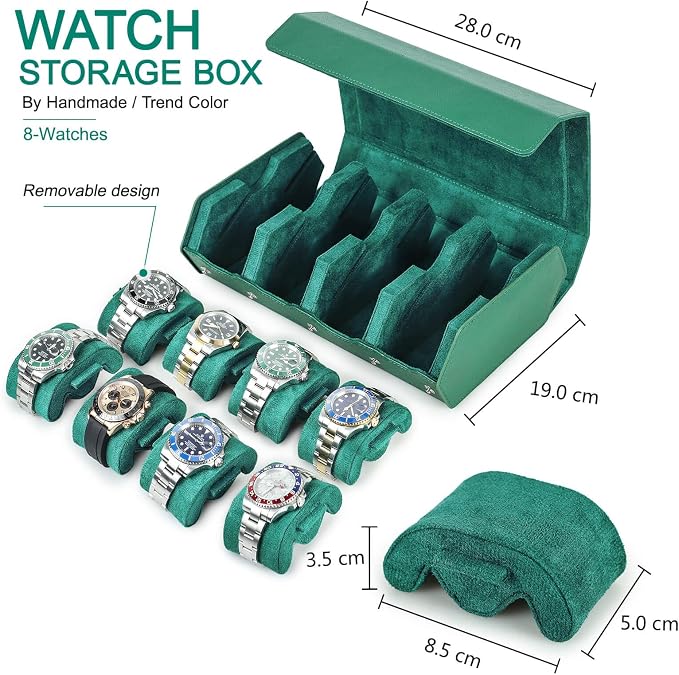 Hiram Genuine Leather Hexagon Watch Roll Travel Case, Leather 8-Watches Roll Case with Removable Pillow Cushion for Treasured Watches and Bracelets-Green - Image 2