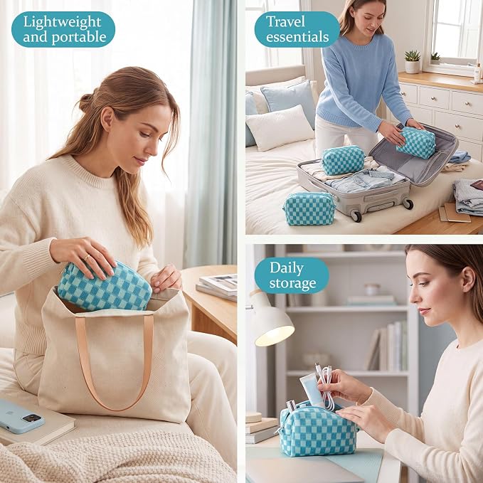 Gilprop 8 Pcs Checkered Makeup Bag for Purse Small Cosmetic Pouch Bulk Portable Zipper Makeup Pouch Travel Toiletry Organizer Gifts for Women Bridesmaid Wedding Party Favors (Lake Blue) - Image 5