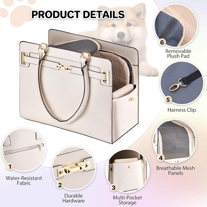 Dog Purse Carrier for Small Dogs, Stylish Foldable Pet Carrier Purse Tote Bag with Washable Cushion & Safety Leash, Airline Approved Puppy Travel Bag with Pockets (White) - Image 5