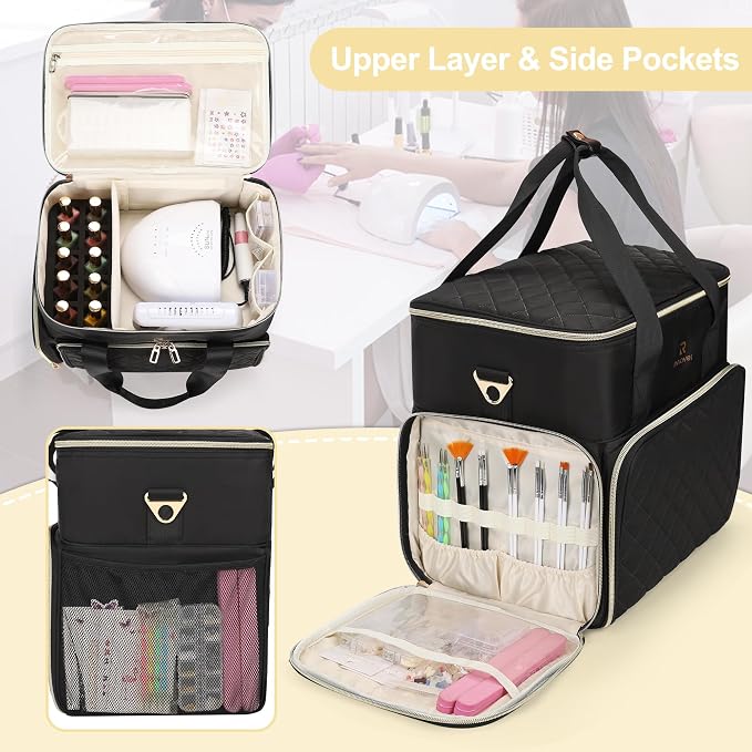 Relavel Nail Polish Organizer, Double Layer Nail Bag Holds 80-100 Bottles (15ml/0.5fl.oz) & Nail Lamp Nail Kit Storage Case, Extra Large Travel Nail Supplies Shoulder Bag for Manicure Tools (Black) - Image 3