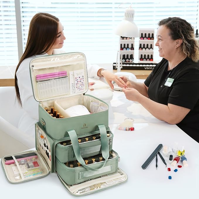 Relavel Nail Polish Organizer, Double Layer Nail Bag Holds 80-100 Bottles (15ml/0.5fl.oz) & Nail Lamp Nail Kit Storage Case, Extra Large Travel Nail Supplies Shoulder Bag for Manicure Tools (Green) - Image 8