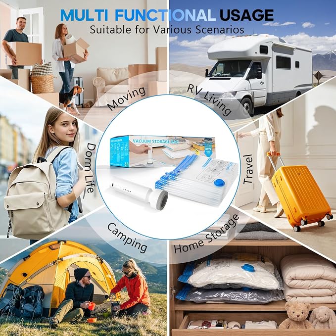 12 Pack Vacuum Storage Bags for Travel with Rechargeable Cordless Pump, Space Saver Bags for Clothes, Compression Packing Bags for Luggage and Suitcase, Blue - Image 9