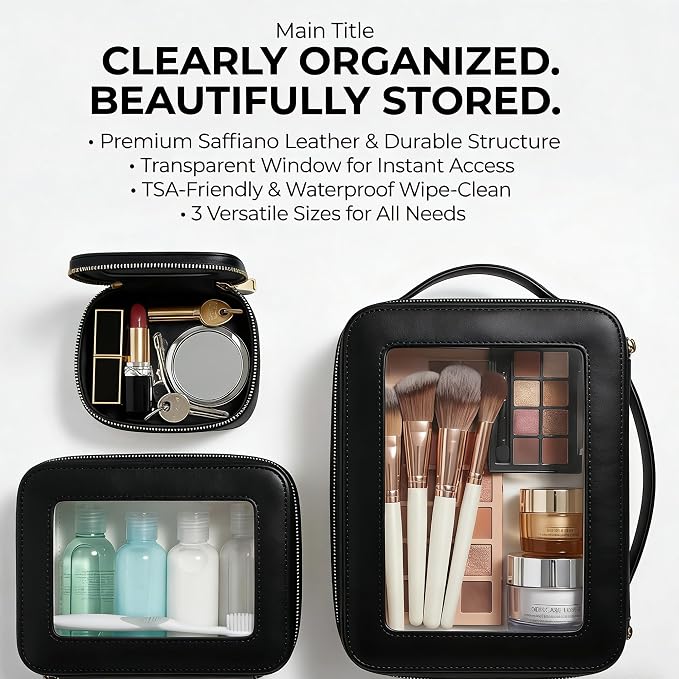 Makeup Bag | Transparent Toiletry Bag | Portable Waterproof Makeup Storage Bag | Travel-Specific Skincare Storage Bag | 2 Sets,L+M+MINI (Black) - Image 2