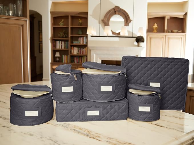 Covermates Keepsakes Dish Storage Set – Padded China & Dinnerware Storage Cases with Dividers, Cup & Stemware Storage, Quilted Polyester Protection, ID Window, Slate - Image 7
