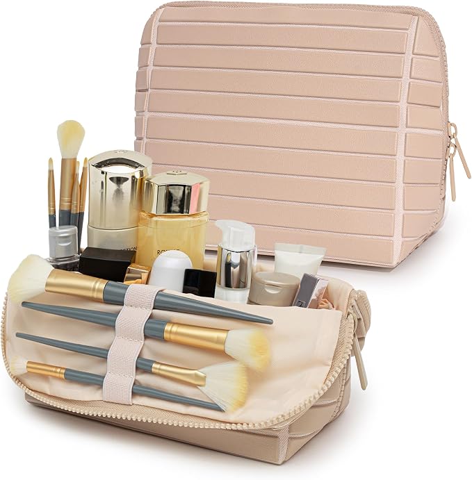 Minoisome Travel Makeup Bag,PU leather toiletry bag,make up organizer case for women,Large Capacity Cosmetic Bag,Wide-open Pouch Purse，Toiletries Accessories，Fold-Down Design and Adjustable Dividers. by Unknown