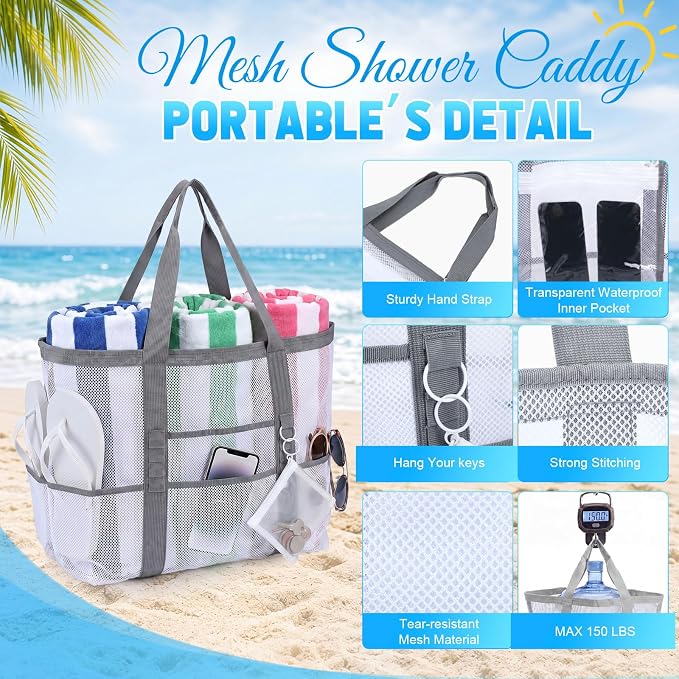 Hillban Large Mesh Beach Bag Bulk for Women Waterproof Sandproof Pool Tote Bag with 8 Pocket Small Zipper Pouch with Ring - Image 3