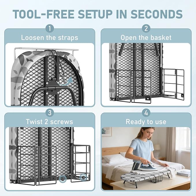 Tabletop Ironing Board with Iron Holder, Foldable Mini Small Iron Board, Iron Rest & Hanger Hook, Heat Dirt Resistant Cover, Portable for Travel Apartment Sewing Laundry - Image 7