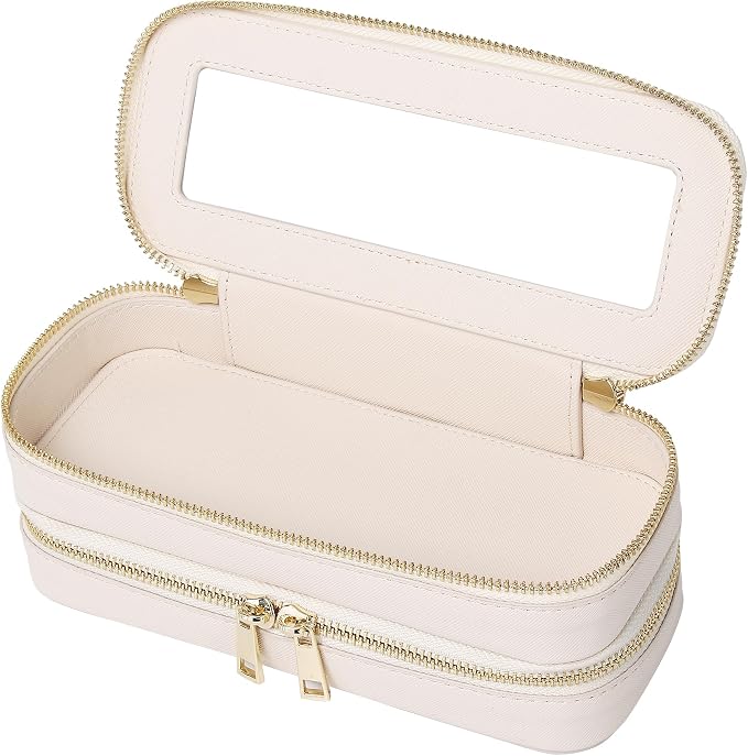 Double Layer Makeup Bag Makeup Brush Case Waterproof Travel Cosmetic & Toiletry Bag Purse Organizer and Car Essentials for Women (Beige, 2-Layer SLIM) by LOFOWN