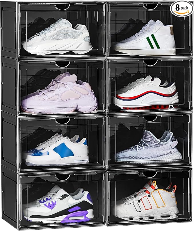 8 Pack XL Shoe Storage Box Organizer,Drop Side Large Shoe Boxes Clear Plastic Stackable Container,Magnetic Sneaker Display Case, Fit up to US 13（13.4”x 10.6”x 8.3”(8 Pack Black) by OMOPINSHOEBOX