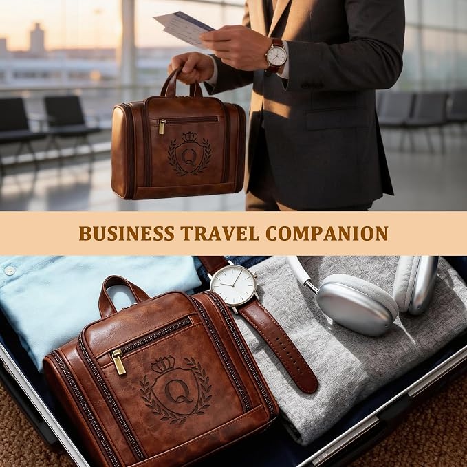 Personalized Easter Gifts for Men Large Leather Travel Toiletry Bag Hanging Shaving Dopp Kit Bathroom Shower Waterproof Case, Birthday Gifts for Father Dad Husband Boyfriend Cognac Letter Q - Image 5