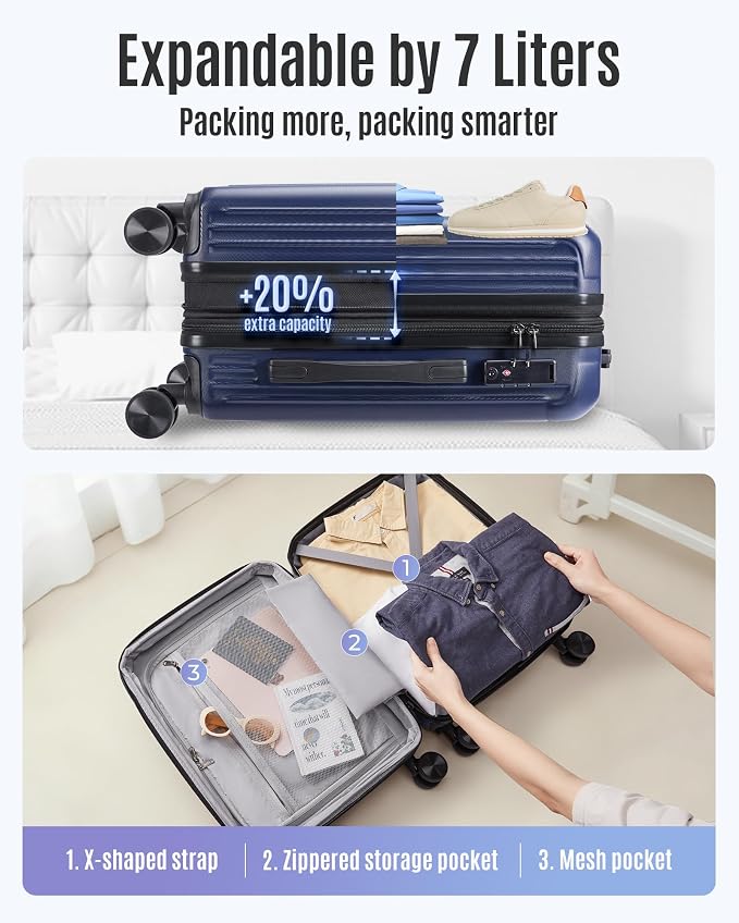 LIGHT FLIGHT Carry On Luggage 22x14x9 Airline Approved, Dark Blue | 22x14x9 Airline Approved, Hard Shell with Wheels, Expandable Hardside, TSA Lock - Image 7