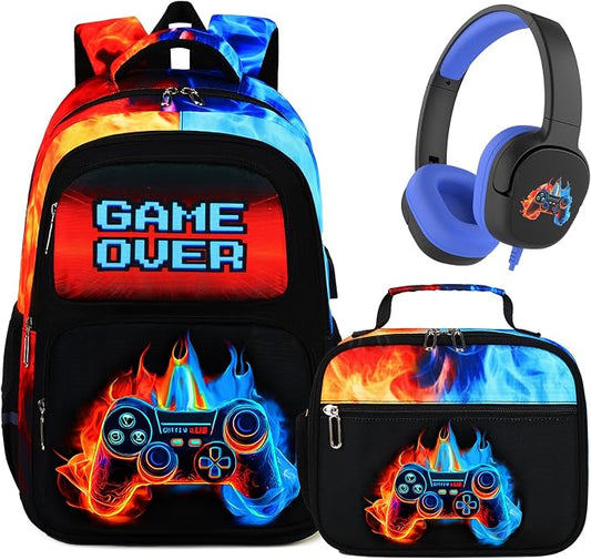 Bevalsa Backpack for Boys, School Bags for Kids with 3.5mm Jack Wired Headphones, Lunch Box & Pencil Case, Gamer Backpack for Kids Children Teens for Elementary Middle School Student (Flame) by Bevalsa