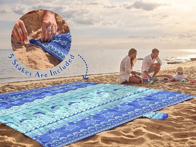 WEKAPO Beach Blanket Waterproof Sandproof Oversized Extra Large Sand Free Beach Mat with Stakes, Storage Bag - Essentials for Outdoor Beach, Picnic (Bohemian Sealife, 8 X 7 FT (1~4 Person)) - Image 6
