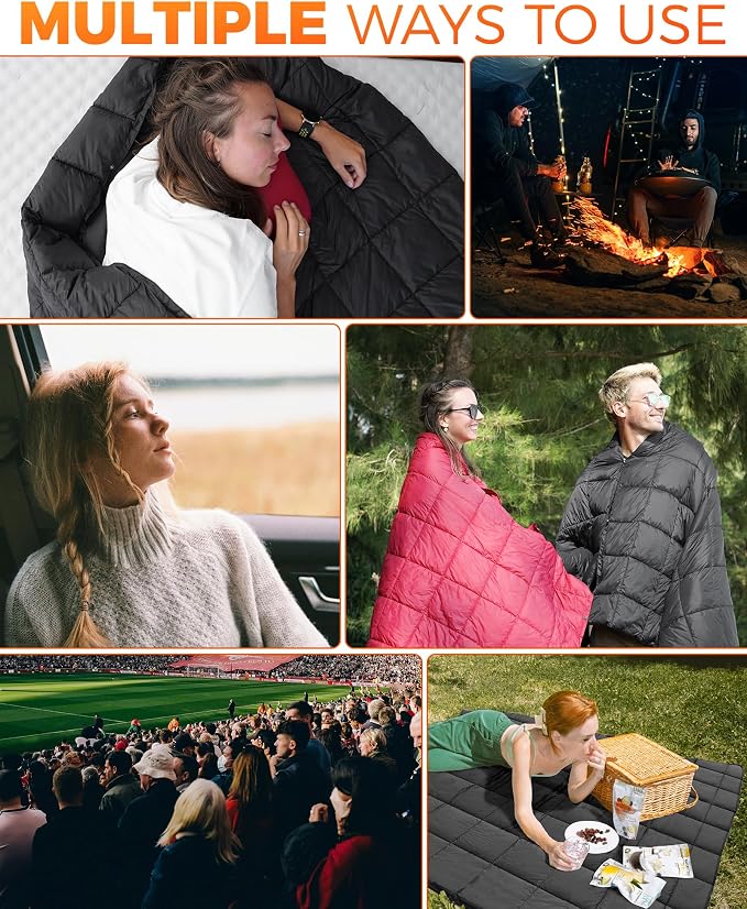 KingCamp Ultralight Camping Blanket, Packable Down Alternative Puffy Wearable Blankets Weatherproof Warm Package Quilt with Snap Buttons for Outdoor Hiking Travel Picnic Stadium (78.7" x 56.7", BLACK) - Image 7
